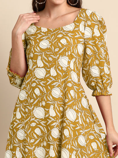 Mustard Pure Cotton Floral Printed A-Line Dress