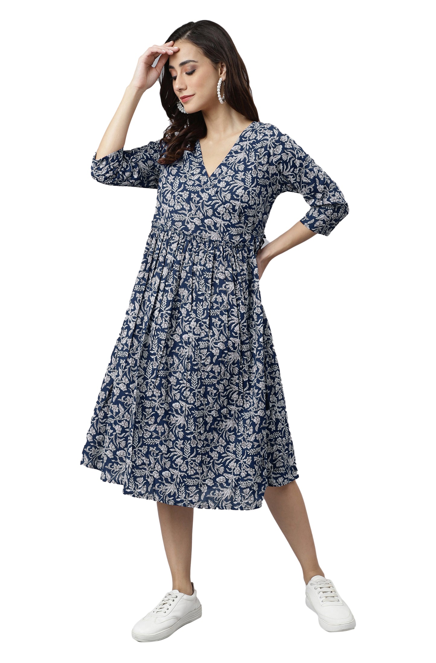 Indigo Pure Cotton Floral Printed Angrakha Dress
