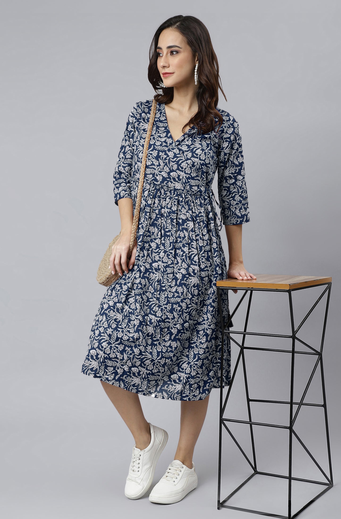 Indigo Pure Cotton Floral Printed Angrakha Dress
