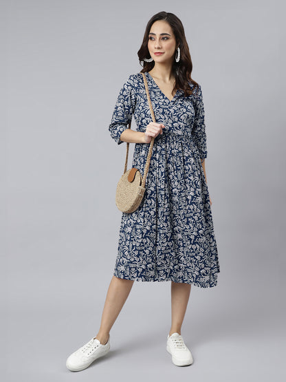 Indigo Pure Cotton Floral Printed Angrakha Dress
