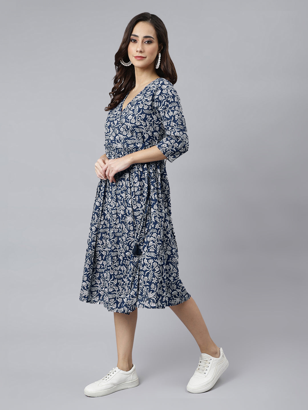 Indigo Pure Cotton Floral Printed Angrakha Dress