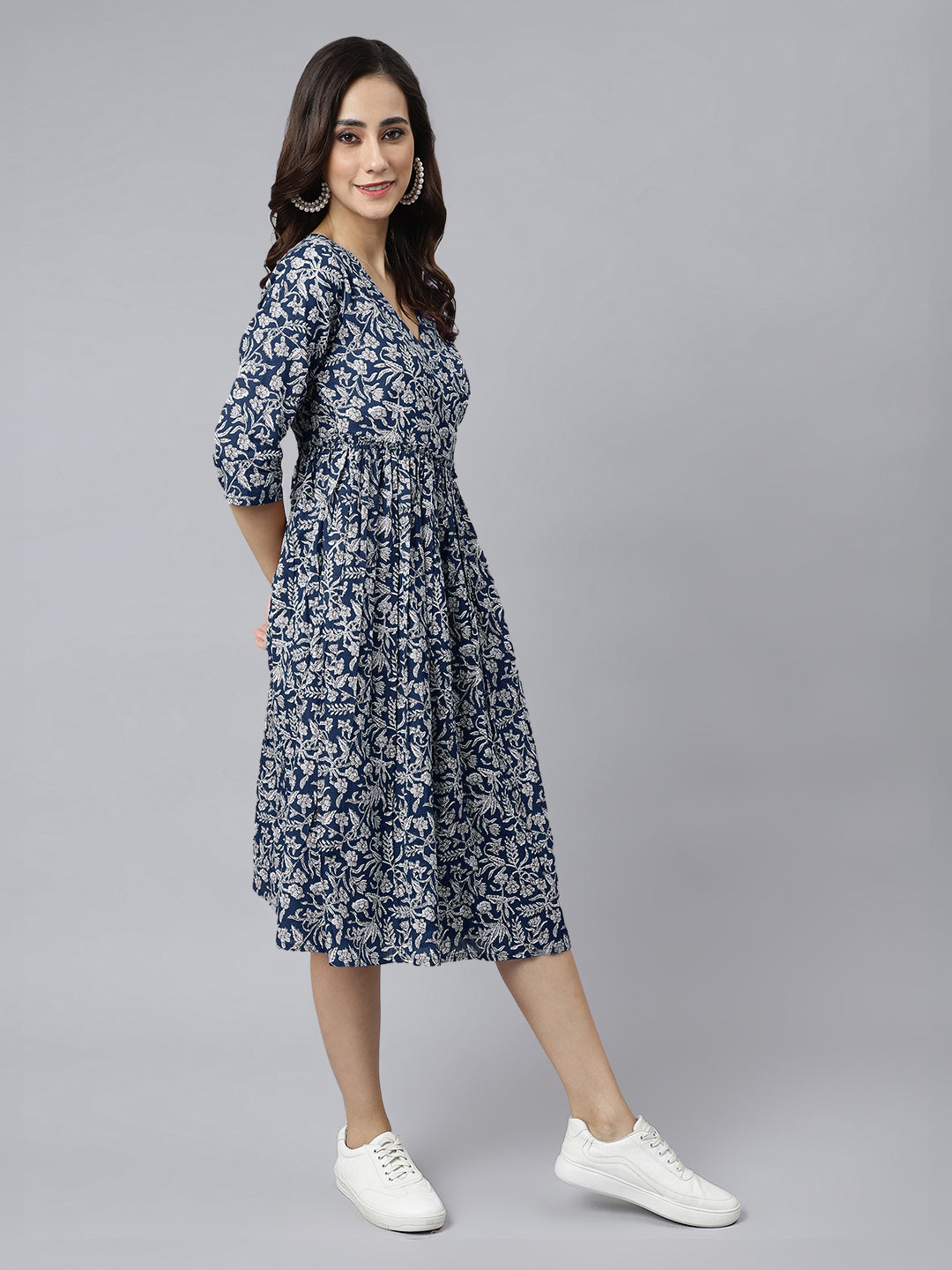 Indigo Pure Cotton Floral Printed Angrakha Dress