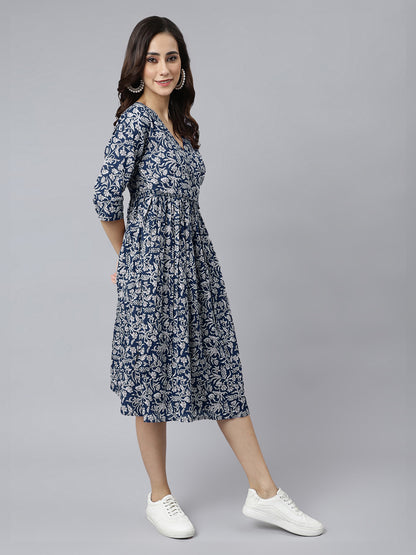 Indigo Pure Cotton Floral Printed Angrakha Dress