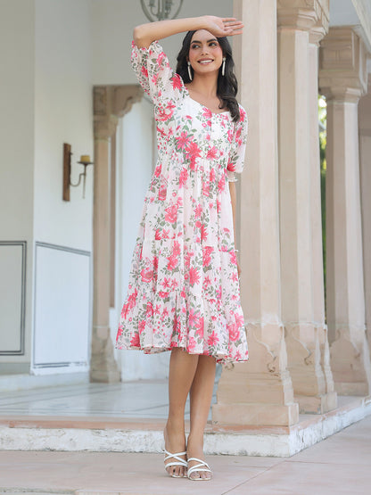 Cream Georgette Floral Printed Tiered Dress