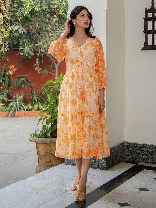 Dobby Orange Georgette Floral Printed Fit & Flare Dress