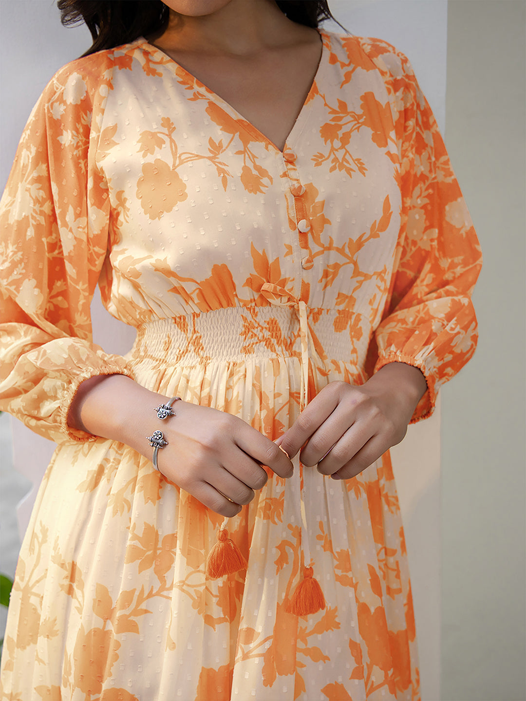 Dobby Orange Georgette Floral Printed Fit & Flare Dress