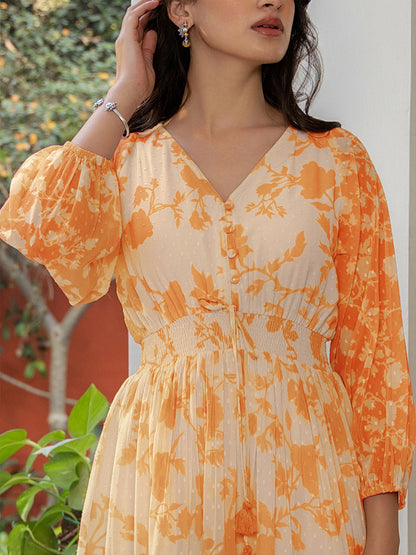 Dobby Orange Georgette Floral Printed Fit & Flare Dress