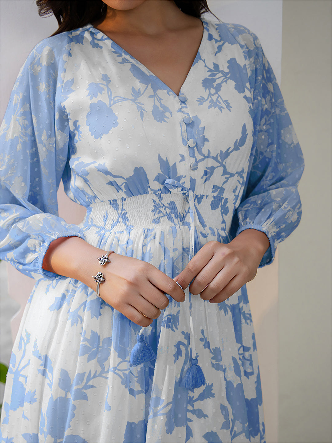 Light Blue Dobby Georgette Floral Printed Fit & Flare Dress