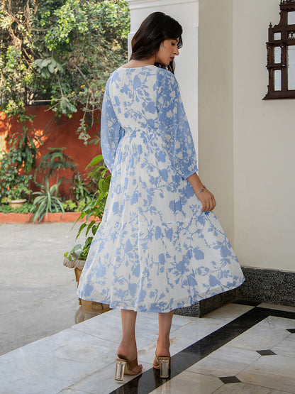 Light Blue Dobby Georgette Floral Printed Fit & Flare Dress