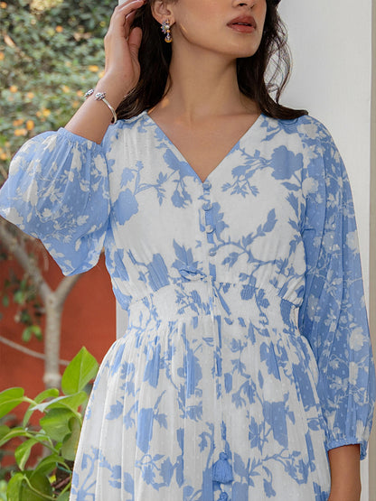 Light Blue Dobby Georgette Floral Printed Fit & Flare Dress