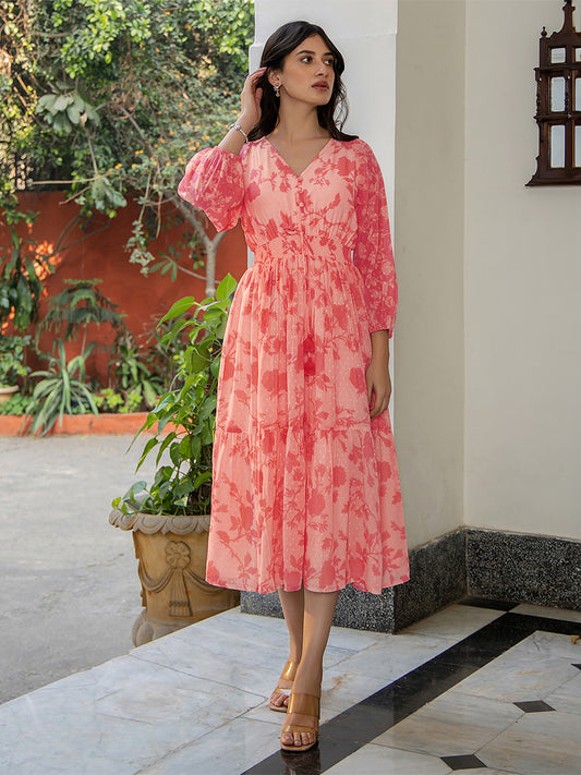Coral Pink Georgette Floral Printed Fit & Flare Dress