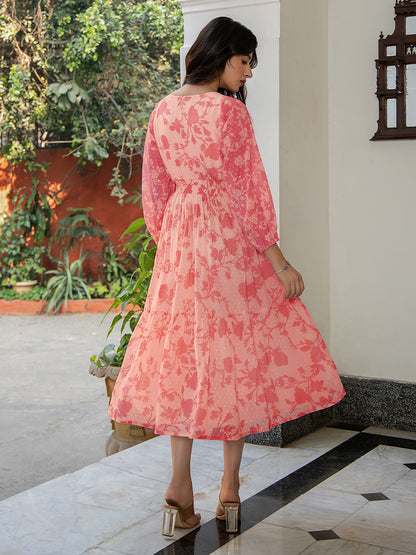 Coral Pink Georgette Floral Printed Fit & Flare Dress