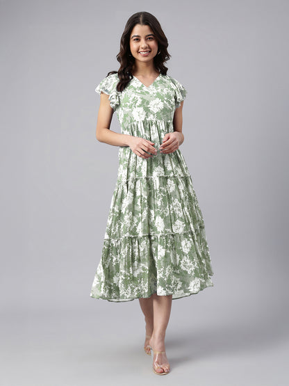Sage Green Georgette Abstract Printed Tiered Dress