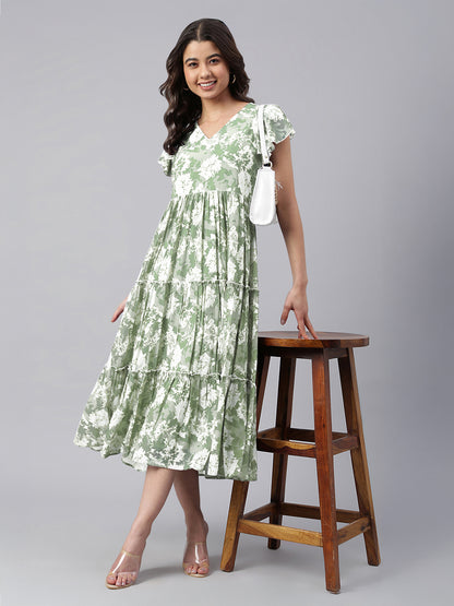 Sage Green Georgette Abstract Printed Tiered Dress