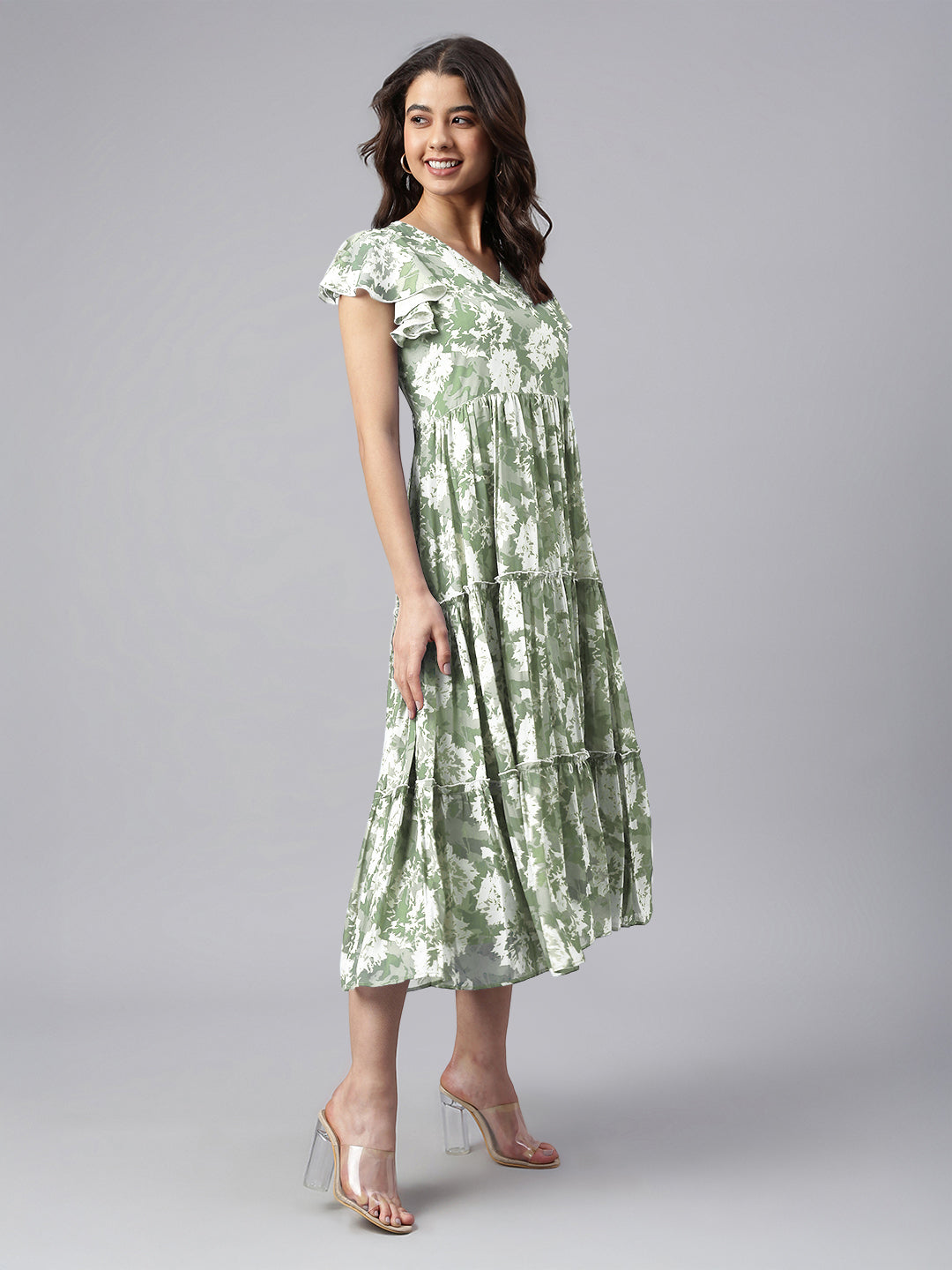 Sage Green Georgette Abstract Printed Tiered Dress