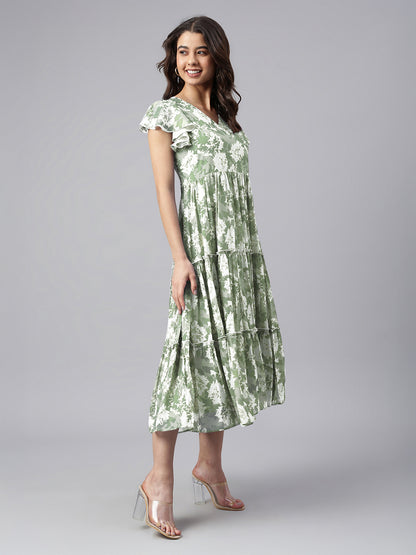 Sage Green Georgette Abstract Printed Tiered Dress