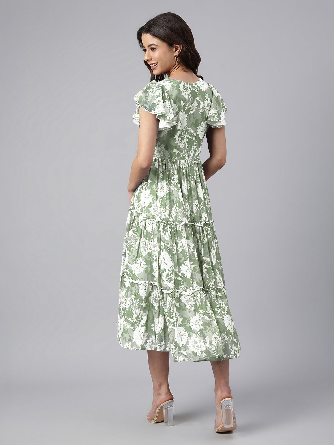 Sage Green Georgette Abstract Printed Tiered Dress