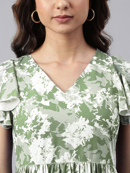 Sage Green Georgette Abstract Printed Tiered Dress