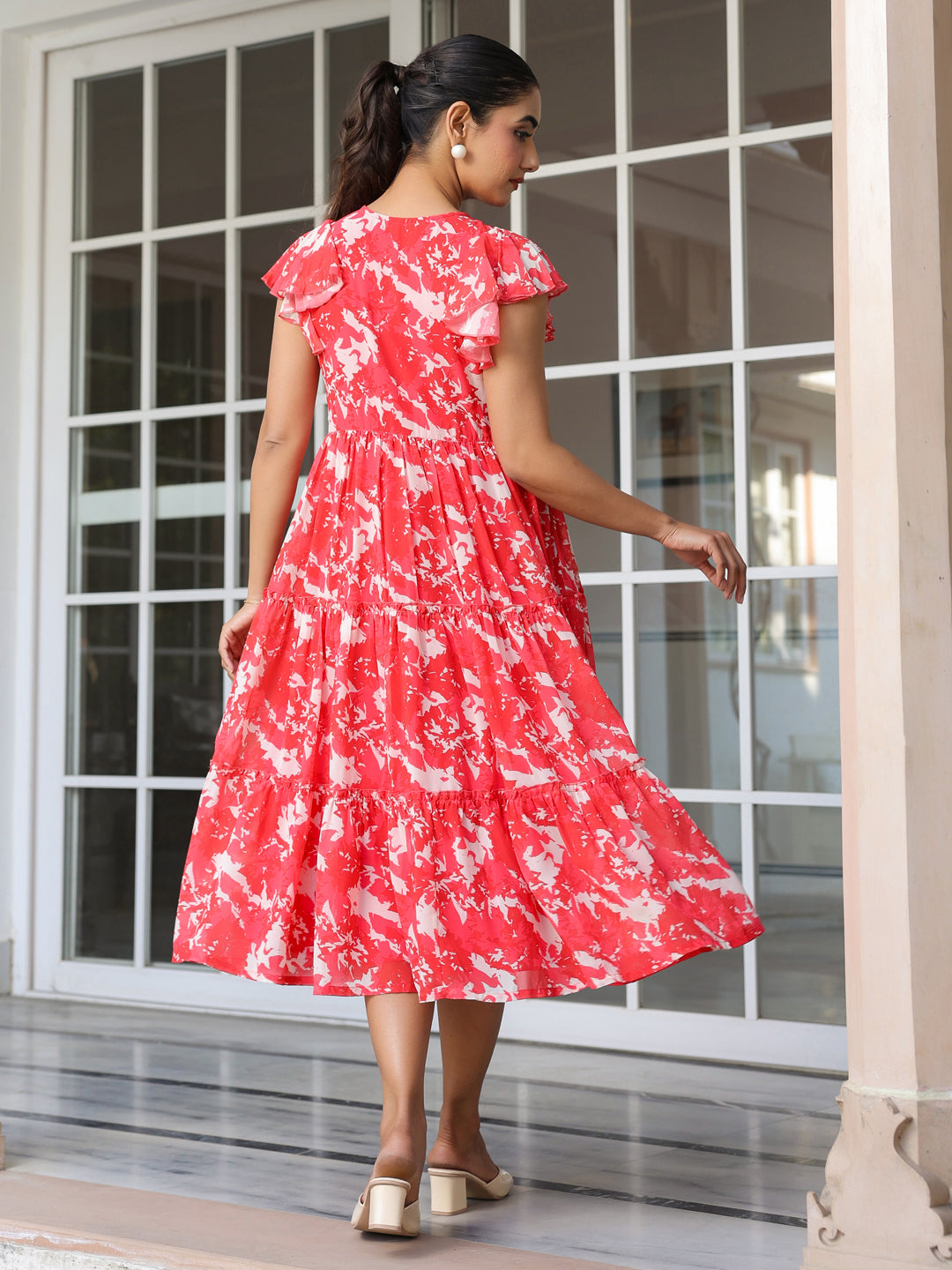 Red Georgette Abstract Printed Tiered Dress