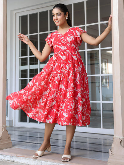 Red Georgette Abstract Printed Tiered Dress