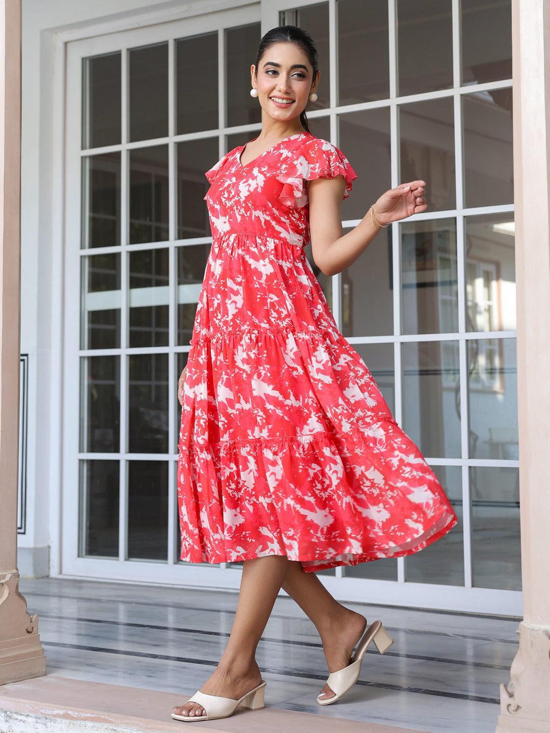 Red Georgette Abstract Printed Tiered Dress