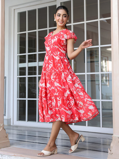 Red Georgette Abstract Printed Tiered Dress
