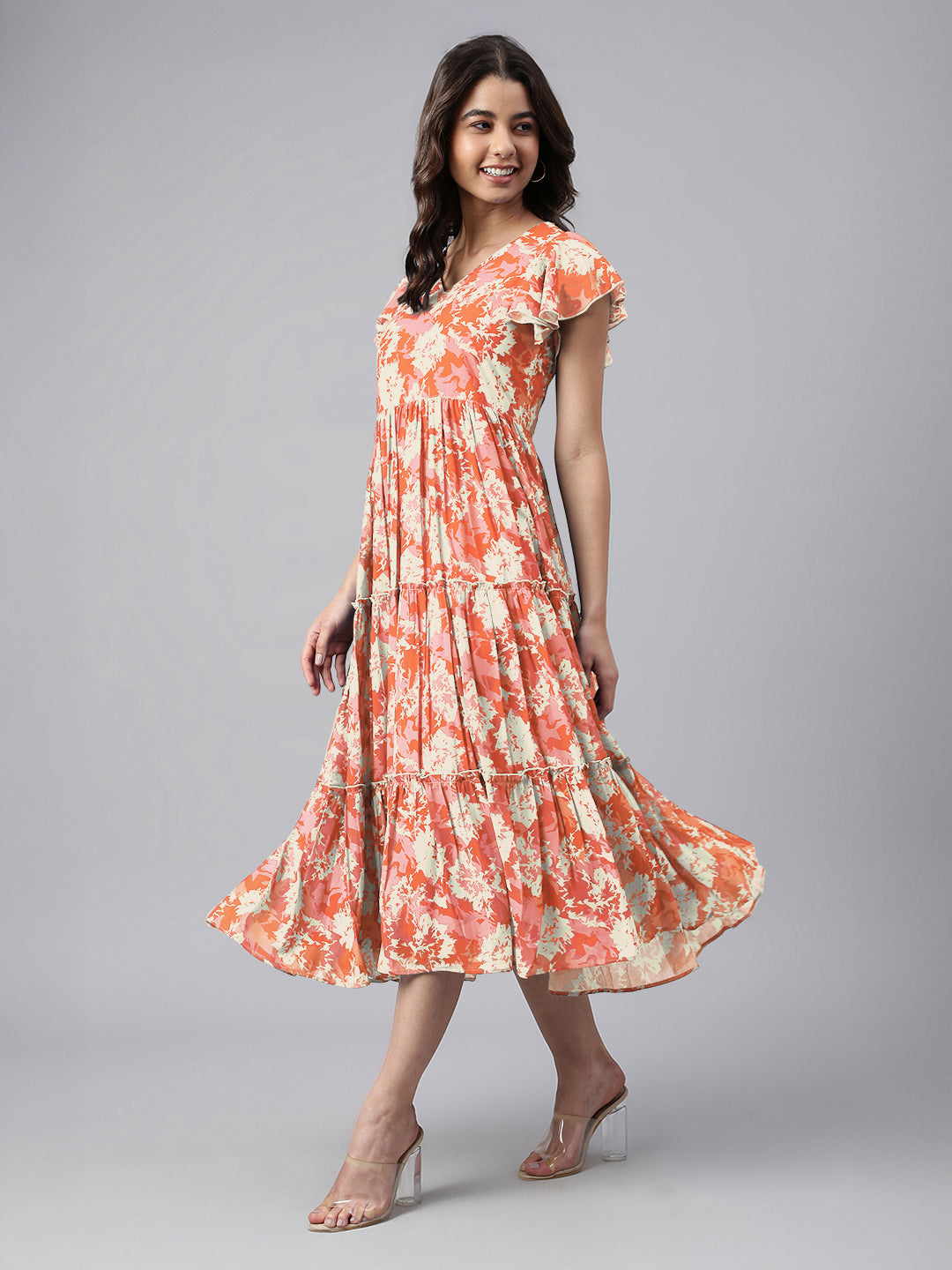 Orange Georgette Abstract Printed Tiered Dress