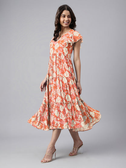 Orange Georgette Abstract Printed Tiered Dress