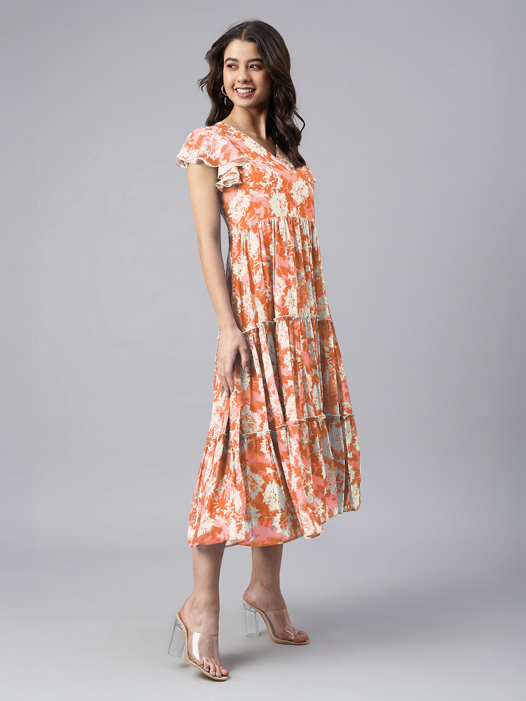 Orange Georgette Abstract Printed Tiered Dress