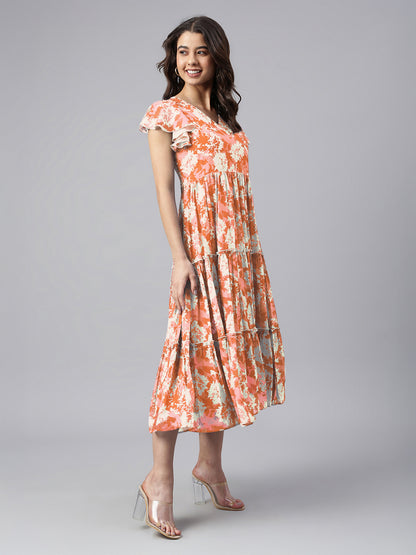 Orange Georgette Abstract Printed Tiered Dress