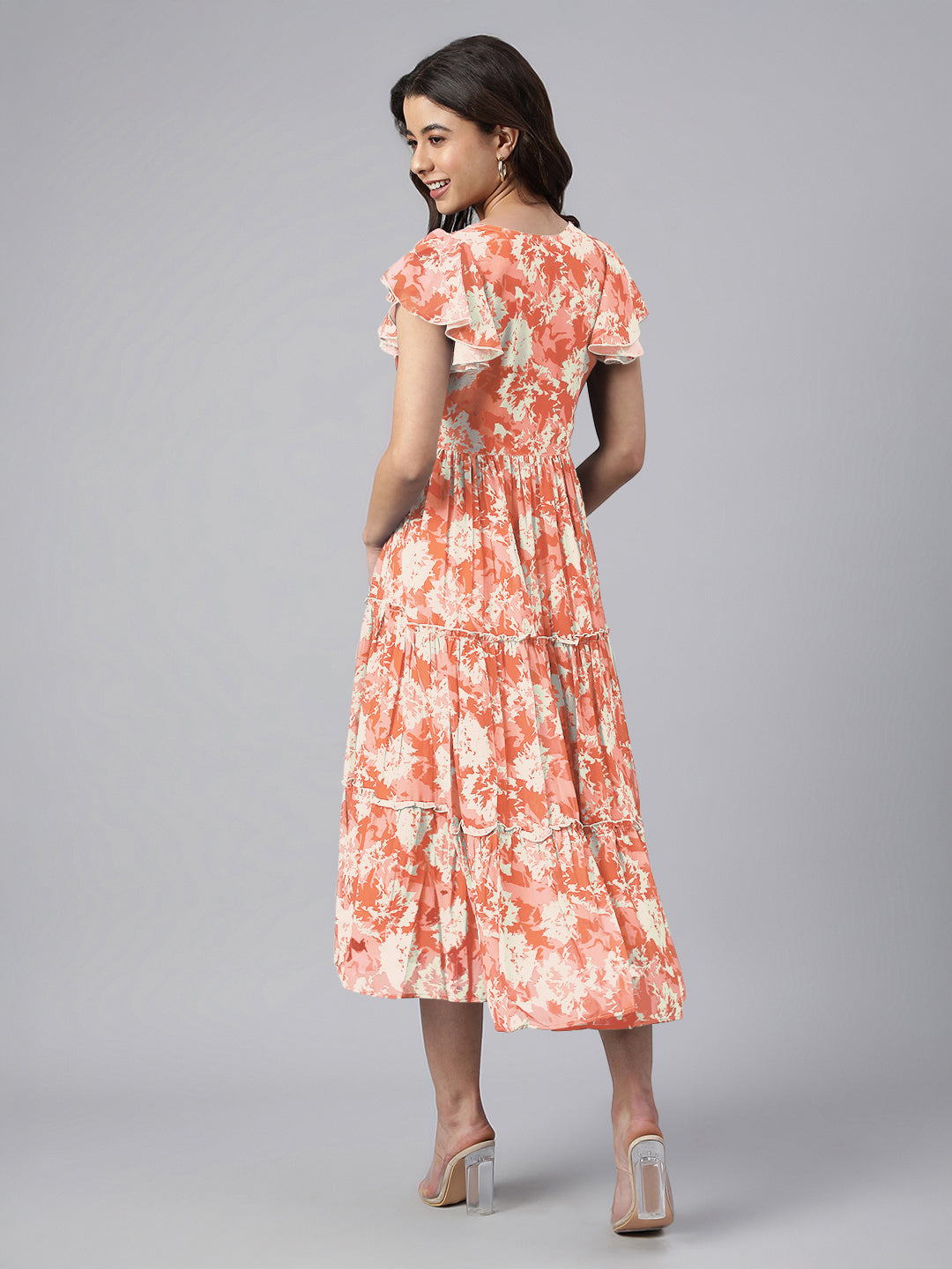 Orange Georgette Abstract Printed Tiered Dress
