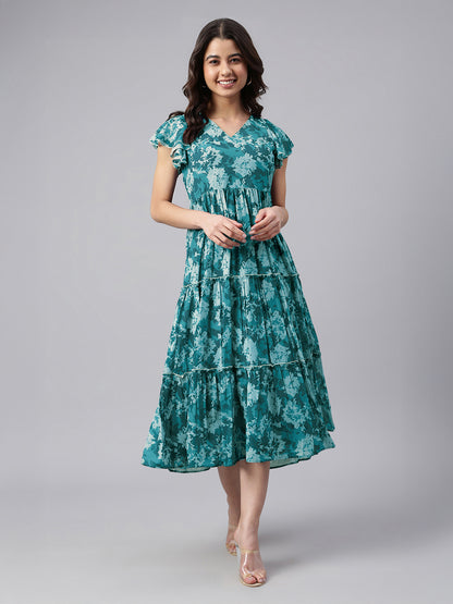 Teal Blue Georgette Floral Printed Tiered Dress