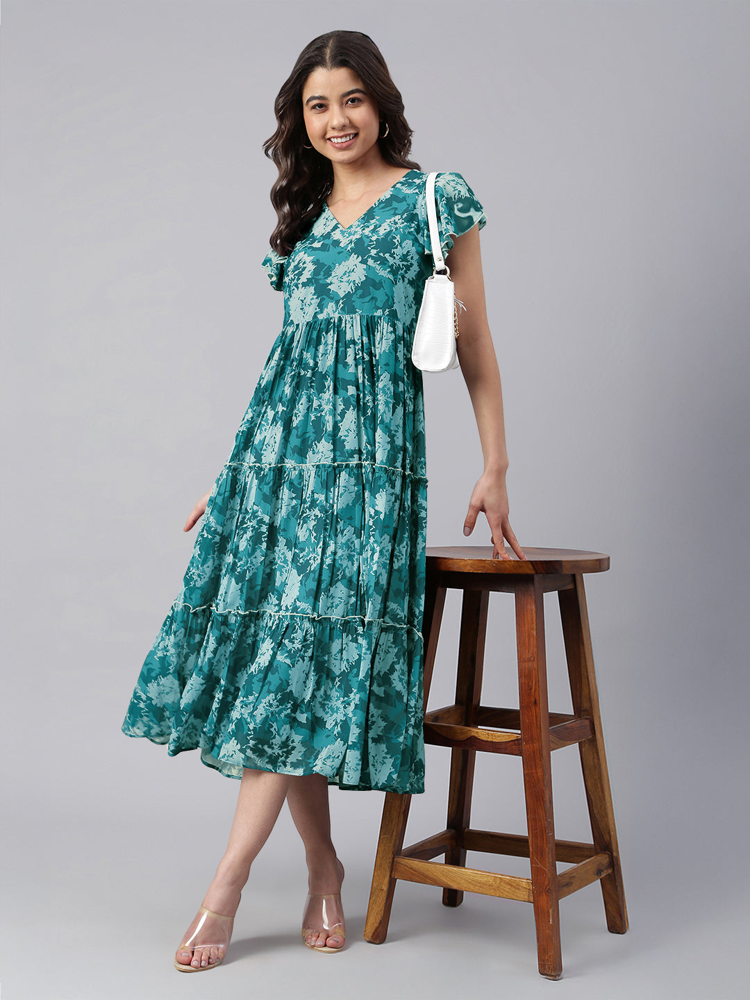 Teal Blue Georgette Floral Printed Tiered Dress
