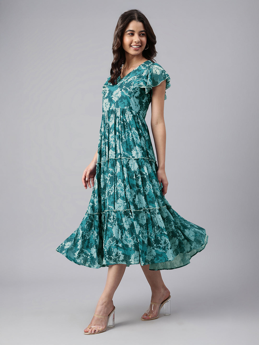 Teal Blue Georgette Floral Printed Tiered Dress