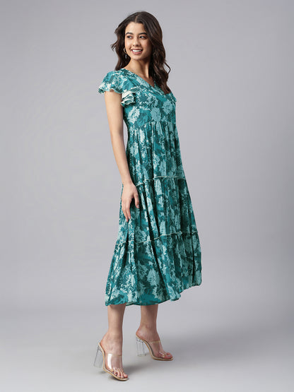 Teal Blue Georgette Floral Printed Tiered Dress