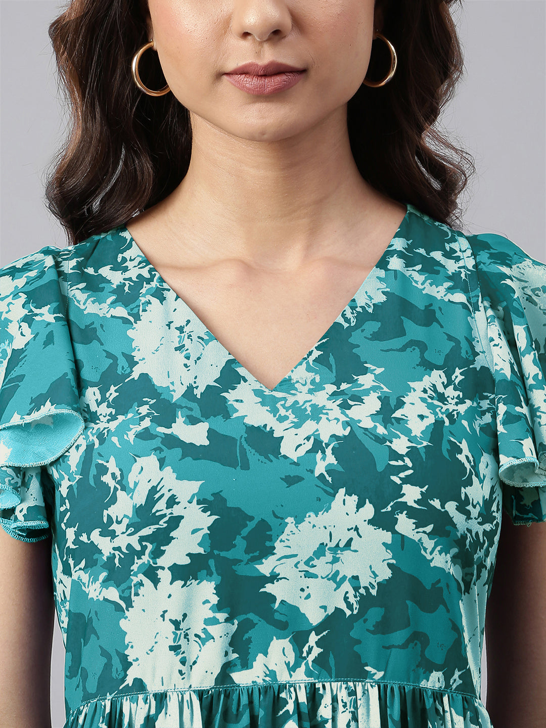 Teal Blue Georgette Floral Printed Tiered Dress