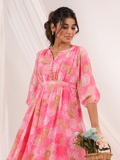 Janasya Women's Pink Georgette Floral Printed A-line Dress