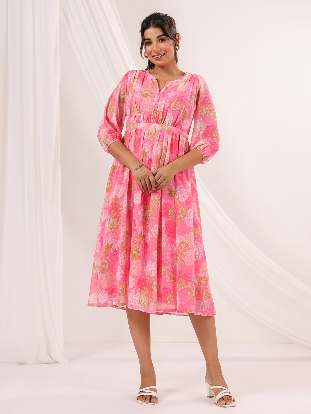 Janasya Women's Pink Georgette Floral Printed A-line Dress