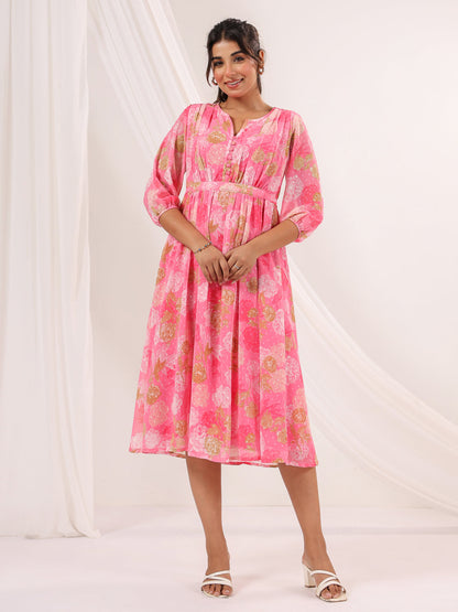 Janasya Women's Pink Georgette Floral Printed A-line Dress