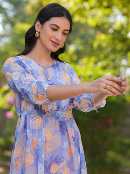 Lavender Georgette Floral Printed A-line Dress