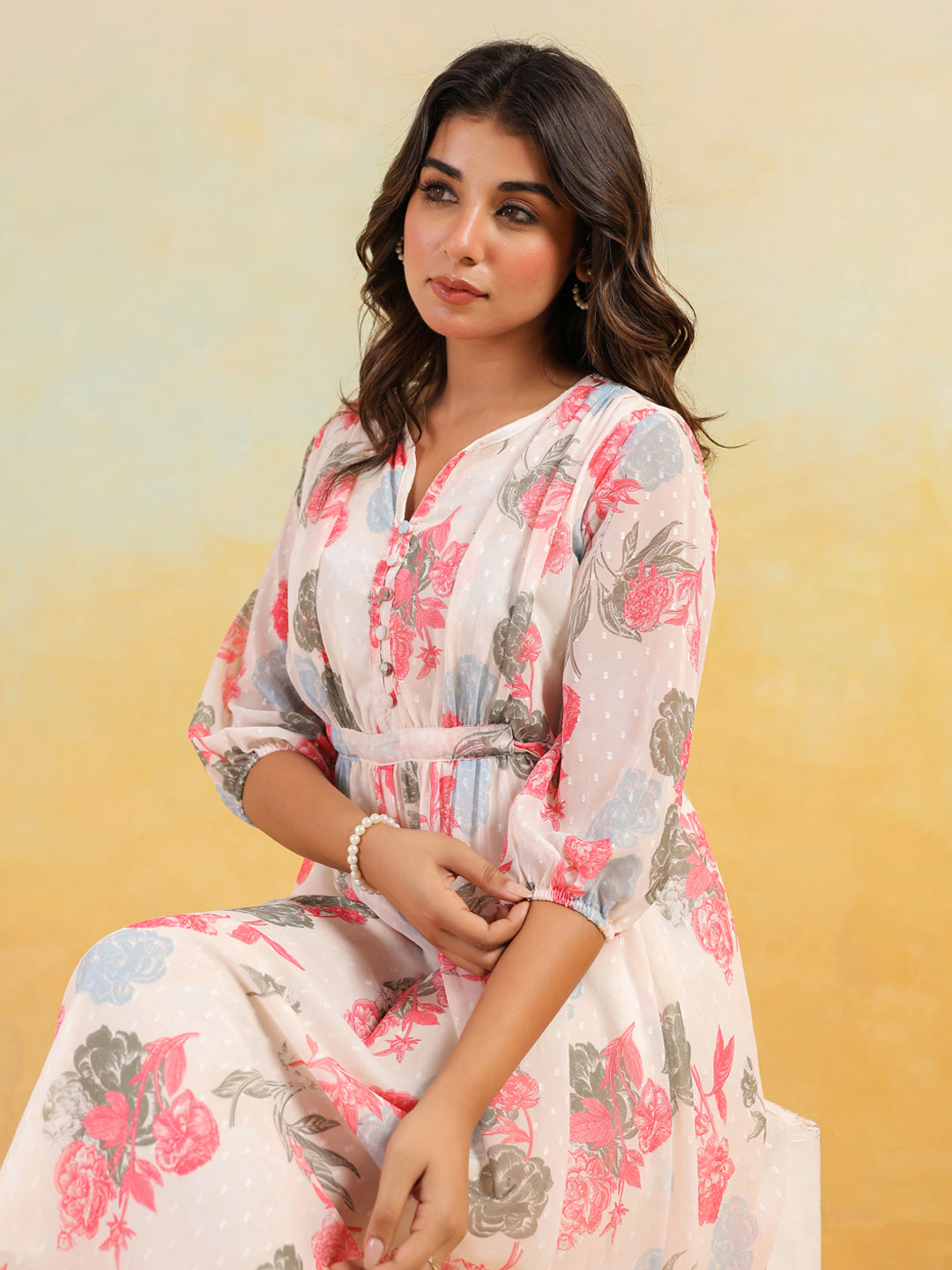 Janasya Women's Cream Georgette Floral Printed Flared Dress