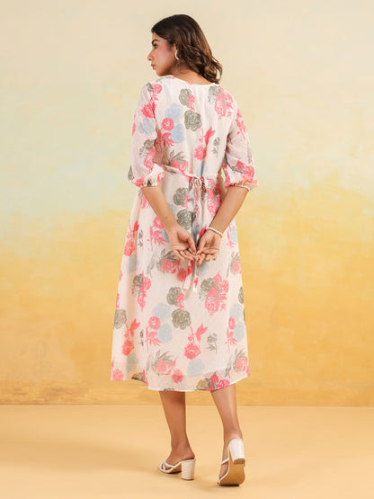 Janasya Women's Cream Georgette Floral Printed Flared Dress