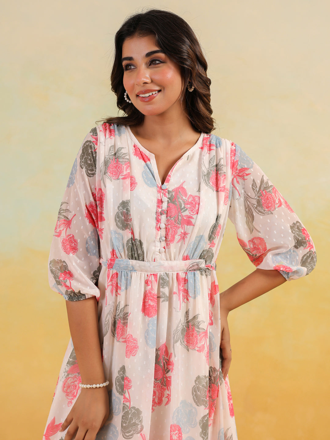 Janasya Women's Cream Georgette Floral Printed Flared Dress