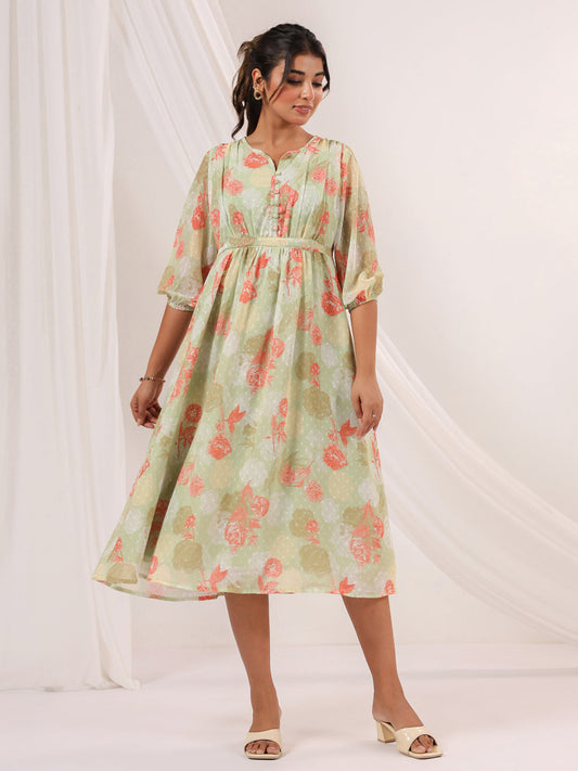 Janasya Women's Light Green Georgette Floral Printed A-line Dress