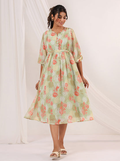 Janasya Women's Light Green Georgette Floral Printed A-line Dress