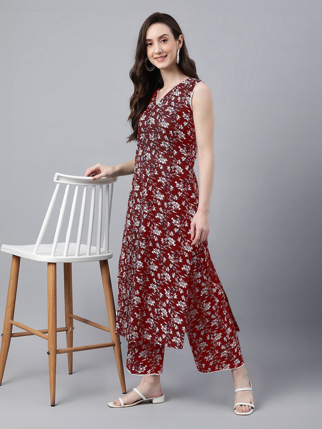 Maroon Pure Cotton Floral Printed A-Line Co-Ord Set