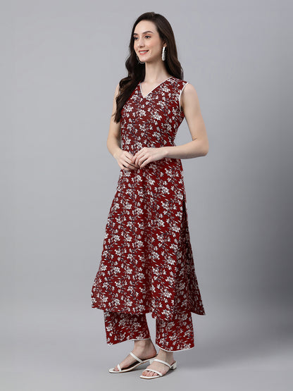 Maroon Pure Cotton Floral Printed A-Line Co-Ord Set
