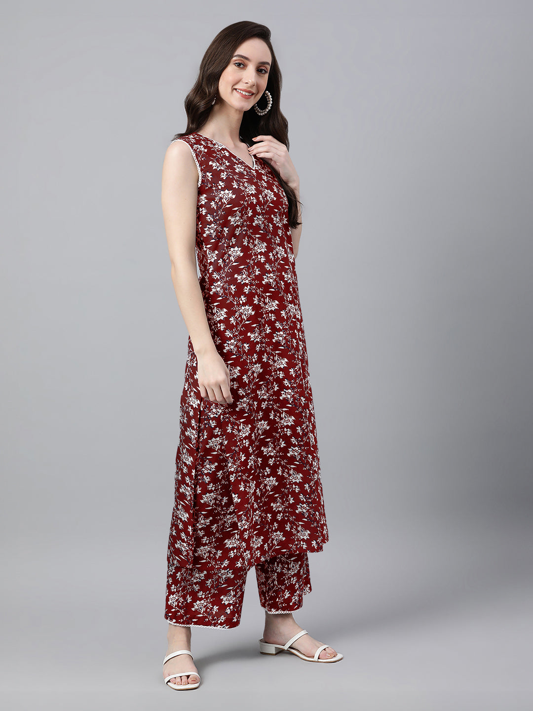 Maroon Pure Cotton Floral Printed A-Line Co-Ord Set