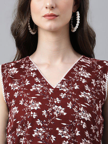Maroon Pure Cotton Floral Printed A-Line Co-Ord Set