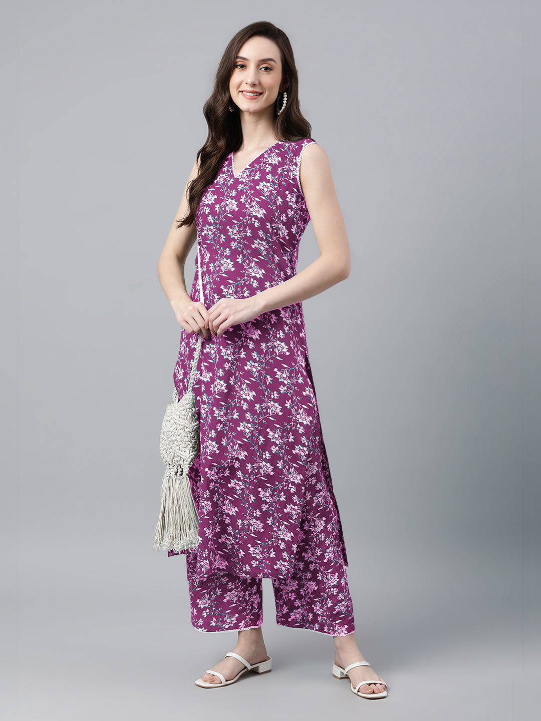 Purple Pure Cotton Floral Printed Straight Kurta Set